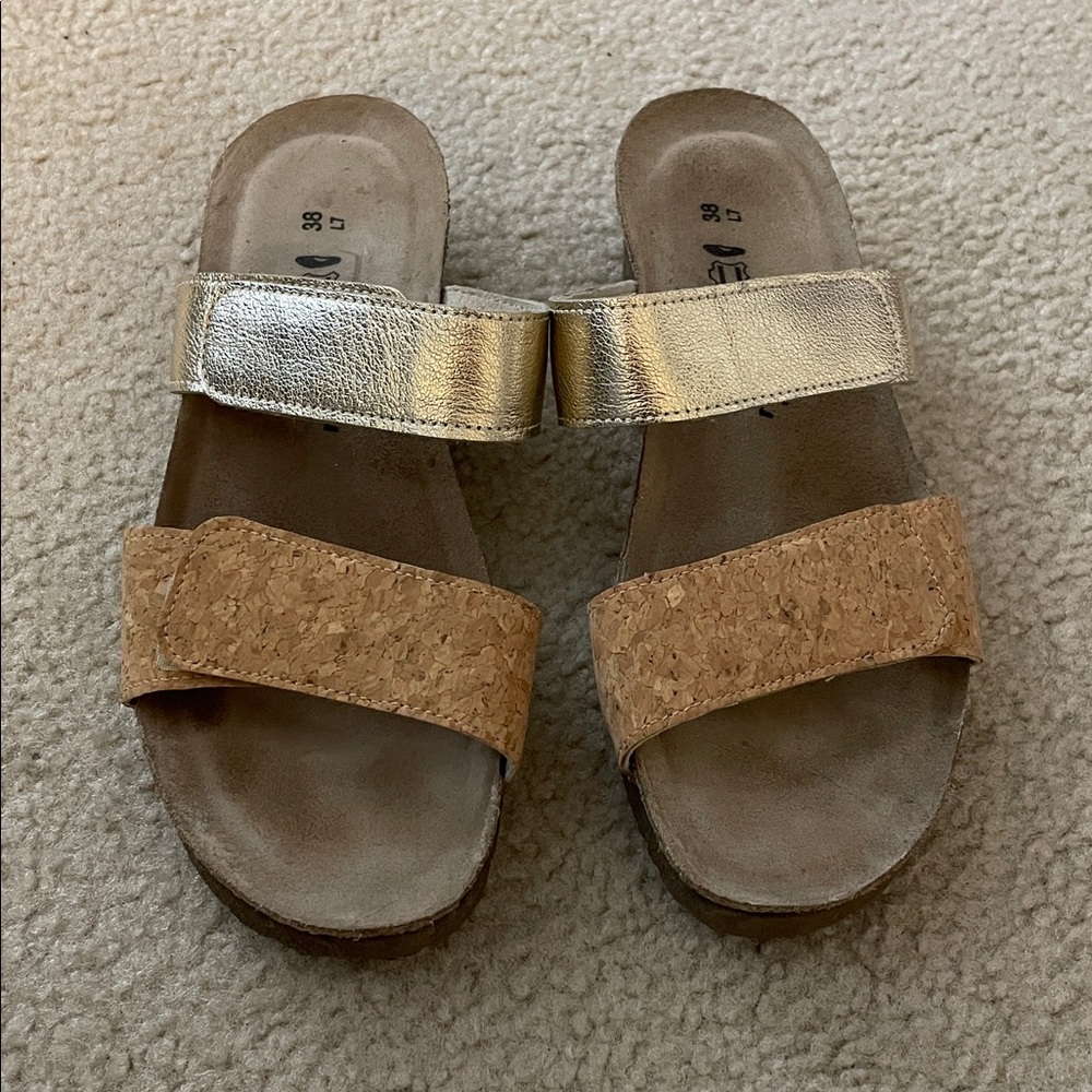 Vintage NAOT Gold and Tan Cork Sandals, Size 7 - Picture 2 of 11